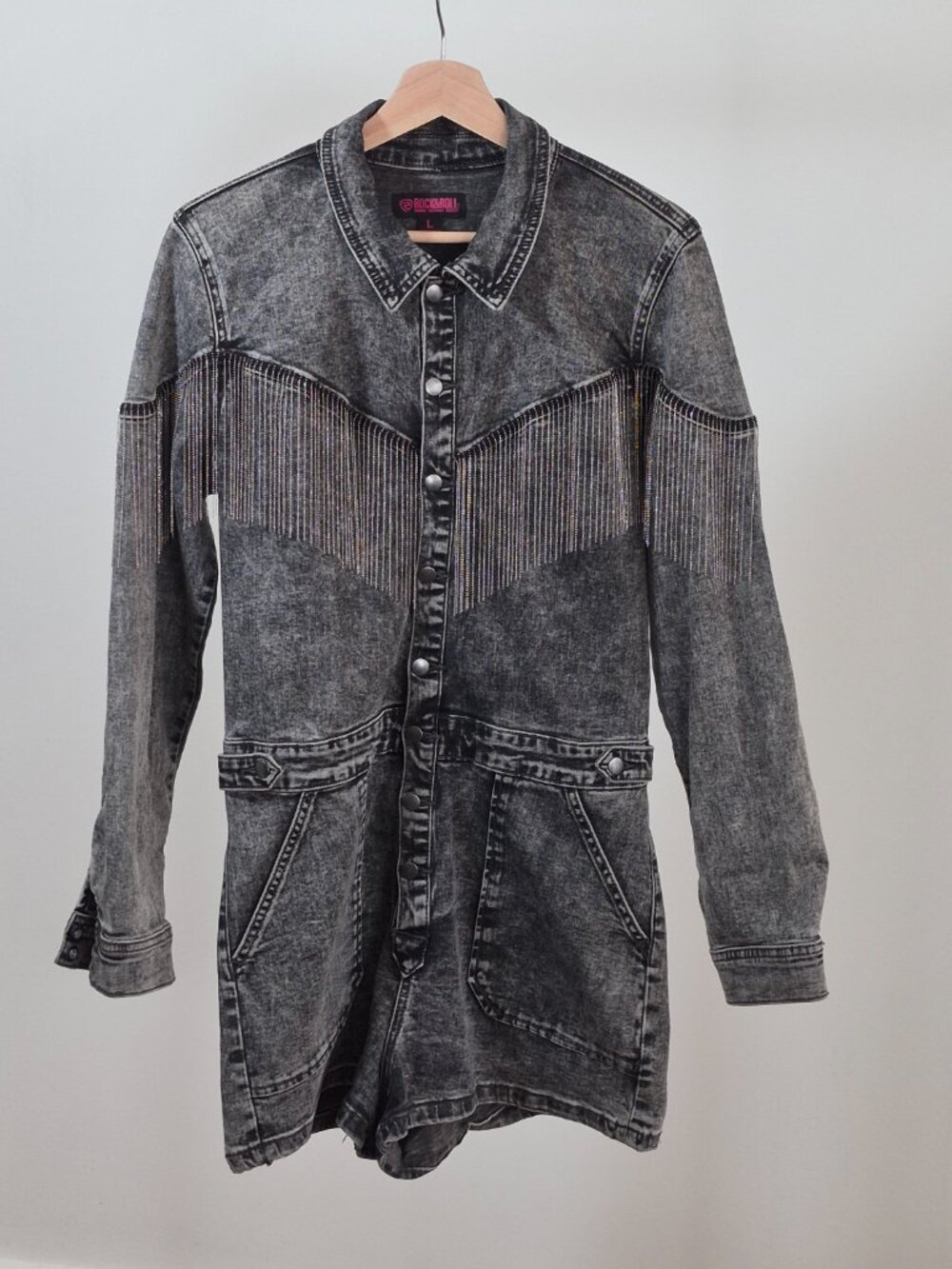 Rock & Roll Denim Romper Women’s L Gray Acid Wash Chain Fringe Western Cowgirl